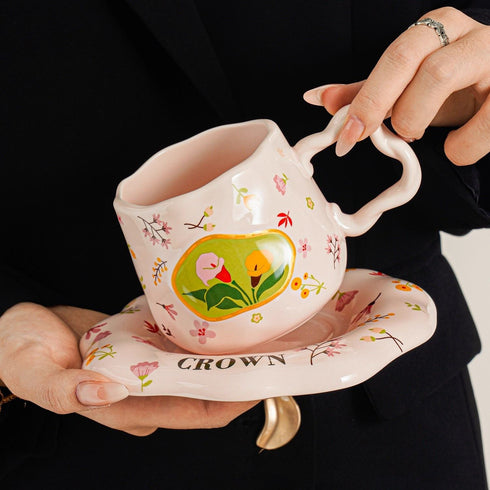 Aesthetic Floral Ceramic Mug & Saucer Set with Gold Spoon