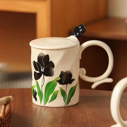 3D Relief Tulip Ceramic Mug Set with Lid and Floral Spoon – Vintage Handmade Coffee Cup
