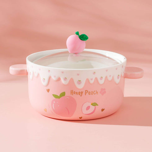 Kawaii Fruit Ceramic Ramen Bowl with Lid & Handles| 1000ml Soup & Noodle Pot