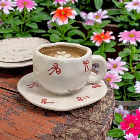 Red Bow Ribbon Ceramic Mug & Saucer
