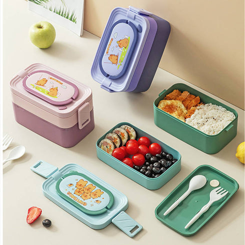 Kawaii Stackable Bento Lunch Box with Cutlery | 2-Layer Leakproof Kids Food Container
