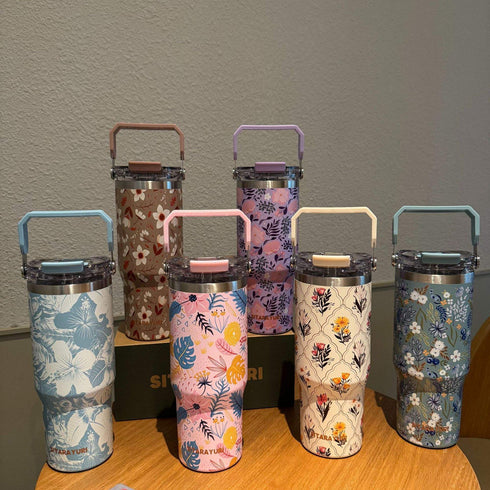SITARAYURI Floral Travel Tumbler – 900ml Aesthetic Insulated Water Bottle with Handle