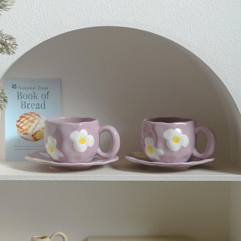 Flower Ceramic Mug with Matching Saucer – Purple Floral Tea Cup