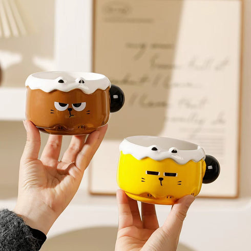 Kawaii Stackable Cat Ceramic Mugs – 400ml Hand-Painted Expression Coffee Cups with Ball Handle