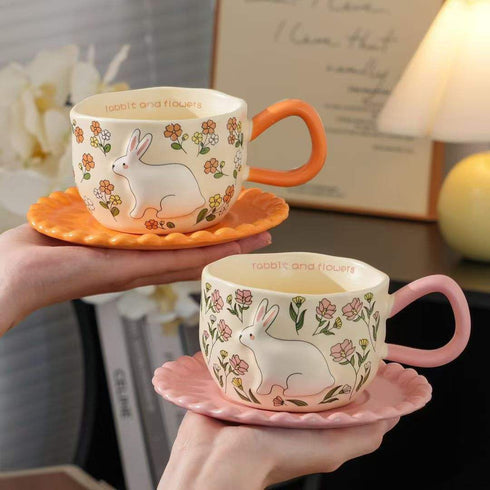 3D Embossed Rabbit & Floral Ceramic Coffee Mug with Scalloped Saucer Set