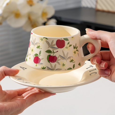 French Vintage Floral Ceramic Coffee Cup and Saucer Set