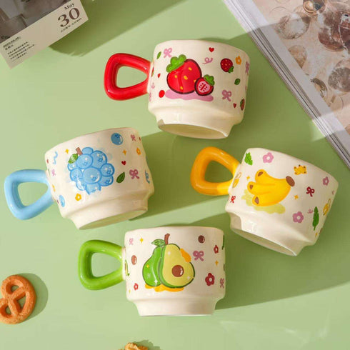 Fruit Paradise Kawaii Cat Ceramic Mug with Lid & Spoon