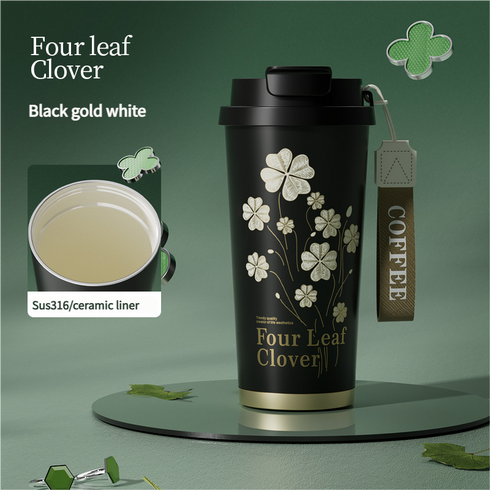 Four-Leaf Clover Insulated Coffee Tumbler – 500ml Stainless Steel Travel Mug with 2-Way Lid, Straw & Strap