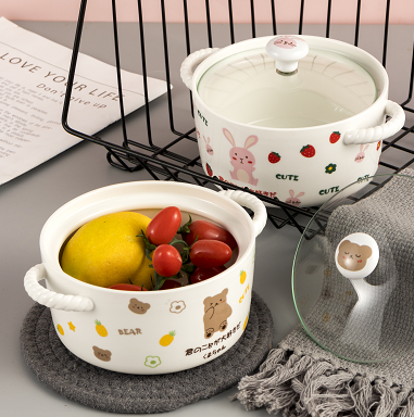Kawaii Animal Ceramic Instant Noodle Bowl with Lid | 730ml Double-Handle Ramen Pot for Dorm & Home