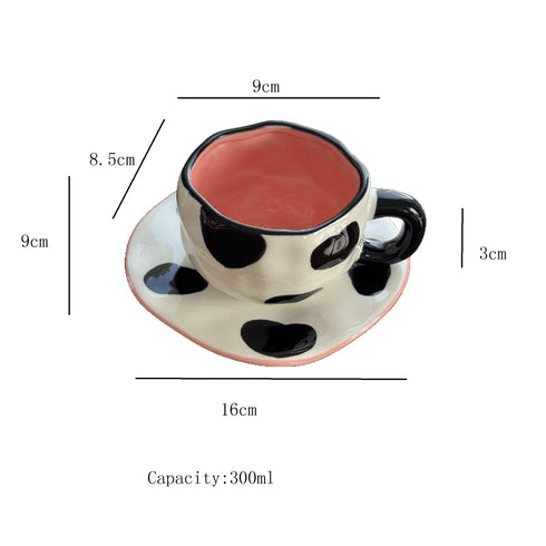 Aesthetic Cow Print Hand-Pinched Ceramic Mug & Saucer Set – Pink Interior
