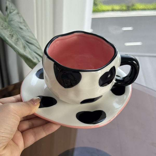 Aesthetic Cow Print Hand-Pinched Ceramic Mug & Saucer Set – Pink Interior