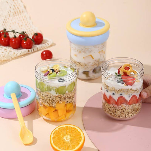 Portable Overnight Oats Jars with Spoon & Handle – 500ml Leakproof Glass Yogurt Parfait Cups