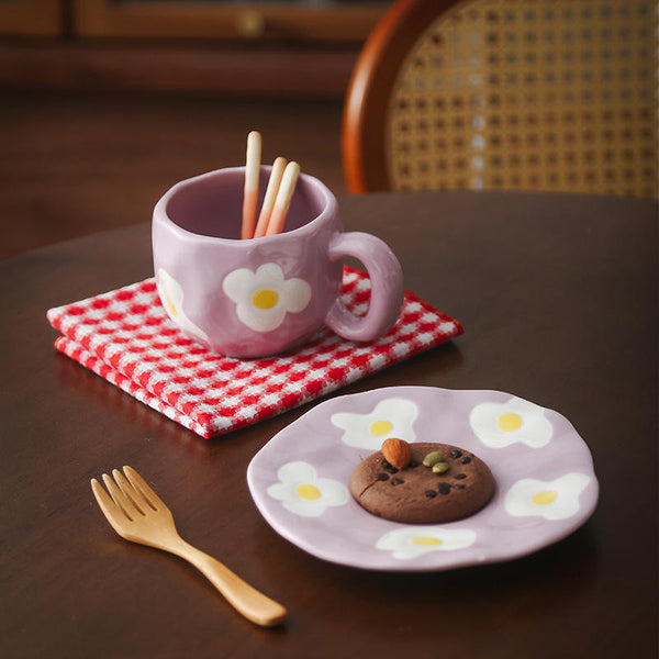 Flower Ceramic Mug with Matching Saucer – Purple Floral Tea Cup