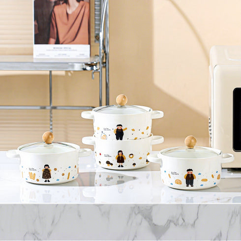 Kawaii Cartoon Ceramic Ramen Bowl with Glass Lid