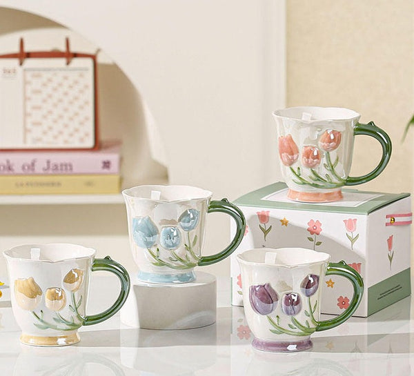 3D Relief Tulip Ceramic Coffee Mug – Elegant Hand-Painted Floral Tea Cup with Scalloped Rim