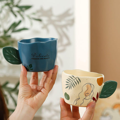 Artistic Ceramic "Lady Silhouette" Mug with Sculpted Leaf Handle