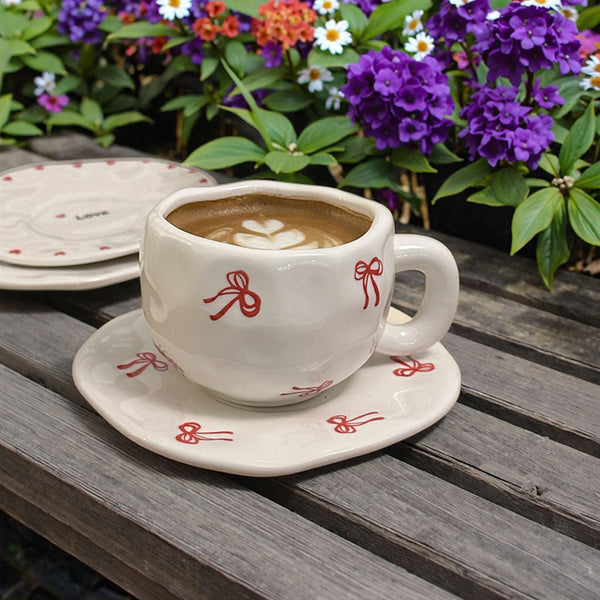 Red Bow Ribbon Ceramic Mug & Saucer