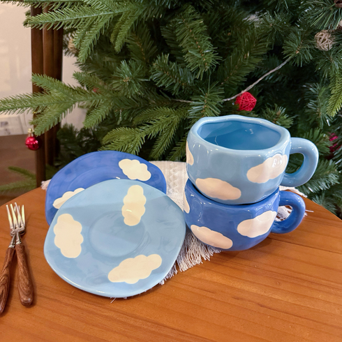 Blue Sky & White Cloud Coffee Mug with Saucer