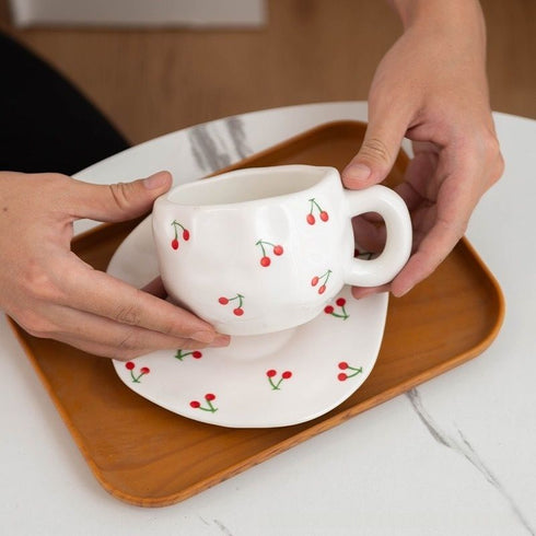 Cherry Pattern Ceramic Coffee Cup with Saucer