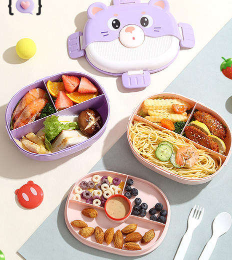 Cute Cartoon Bear Kids Bento Lunch Box – 3-Compartment Leakproof Plastic Tiffin Box with Spoon & Fork Set, BPA-Free Microwavable Food Container for School & Picnic