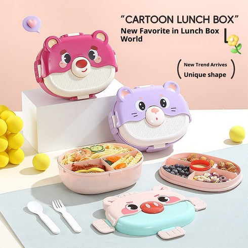 Cute Cartoon Bear Kids Bento Lunch Box – 3-Compartment Leakproof Plastic Tiffin Box with Spoon & Fork Set, BPA-Free Microwavable Food Container for School & Picnic