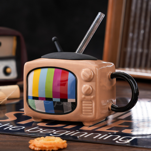 Retro 3D TV Ceramic Mug with Lid & Glass Straw