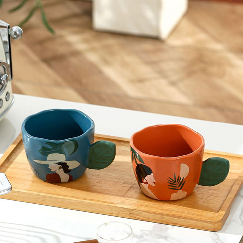 Artistic Ceramic "Lady Silhouette" Mug with Sculpted Leaf Handle