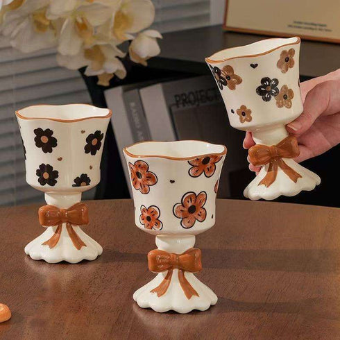 Vintage-Style Floral Ceramic Goblet Cup with 3D Bow Detail