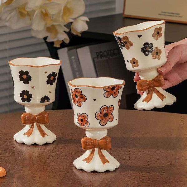 Vintage-Style Floral Ceramic Goblet Cup with 3D Bow Detail