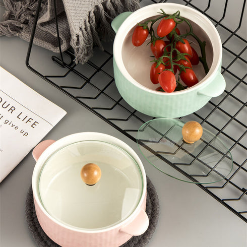 Nordic Pastel Ceramic Soup Bowl with Glass Lid