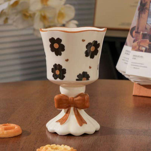 Vintage-Style Floral Ceramic Goblet Cup with 3D Bow Detail