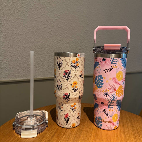 SITARAYURI Floral Travel Tumbler – 900ml Aesthetic Insulated Water Bottle with Handle