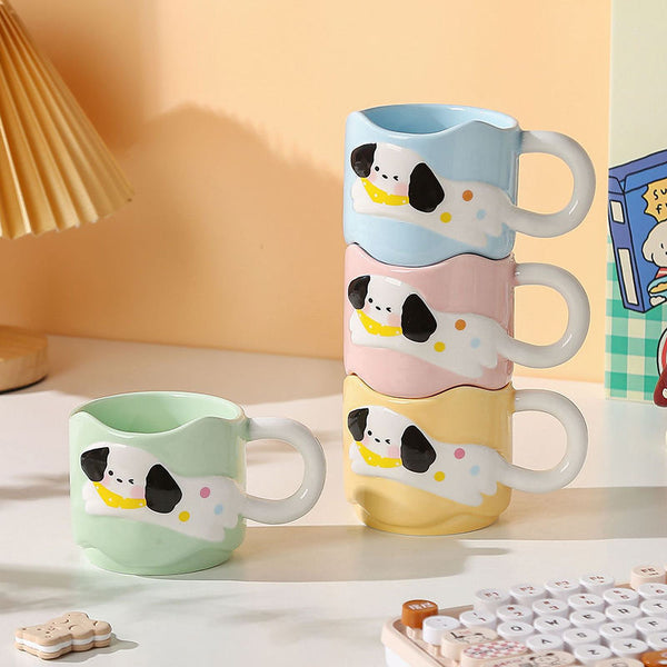 Kawaii Spotted Dog Ceramic Mug – Aesthetic Korean Style Stackable Coffee Cup