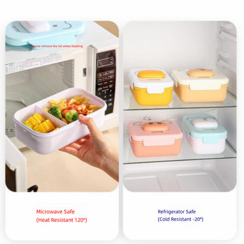 Cute Animal Bento Lunch Box with Sauce Compartment (1100ml) – Leakproof 2-Compartment Kids Food Container with Spoon