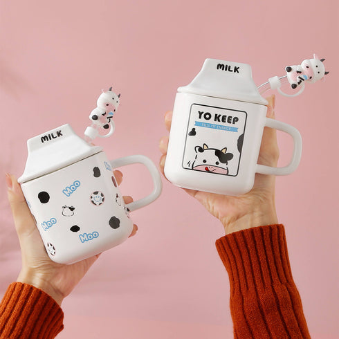 Modern 3D Cow Pattern Ceramic Mug with Lid and Glass Straw
