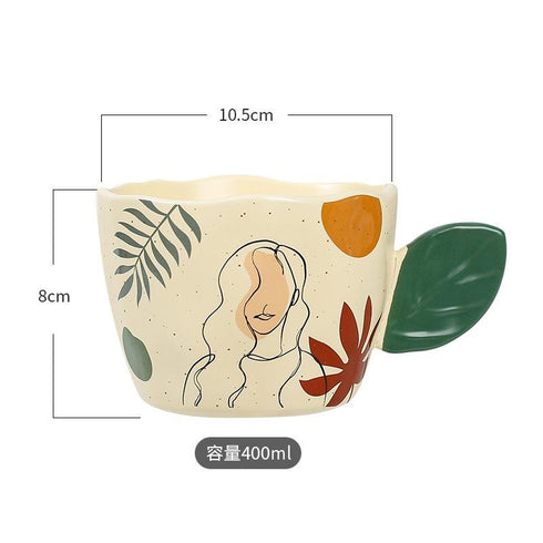 Artistic Ceramic "Lady Silhouette" Mug with Sculpted Leaf Handle