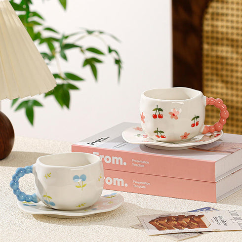 Cherry Spiral Handle Ceramic Mug and Saucer Set