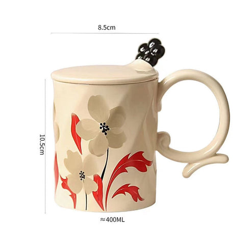 3D Relief Tulip Ceramic Mug Set with Lid and Floral Spoon – Vintage Handmade Coffee Cup