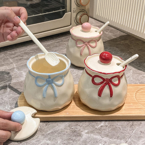 Ribbon Bow Ceramic Sugar Bowl with Spoon & Lid – Coquette Aesthetic Spice Jar