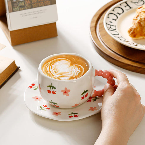 Cherry Spiral Handle Ceramic Mug and Saucer Set