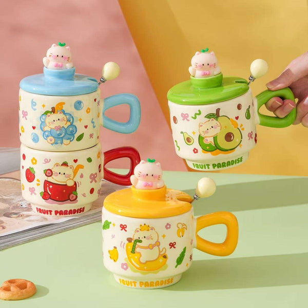 Fruit Paradise Kawaii Cat Ceramic Mug with Lid & Spoon