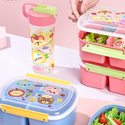 Cute Cartoon Bento Lunch Box with Matching Water Bottle Set | Leak-Proof Kids School Tiffin Box with Spoon