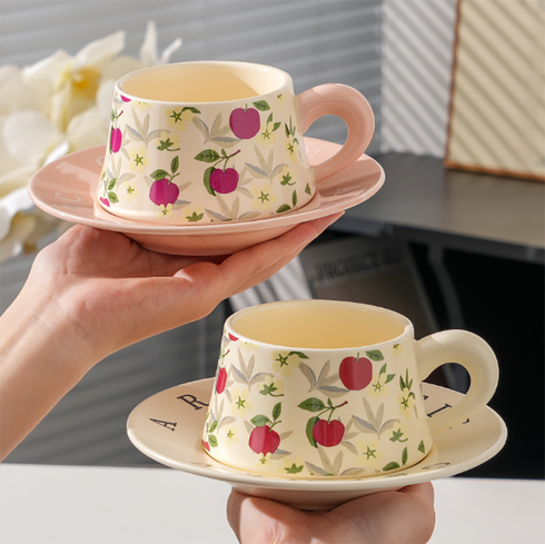 French Vintage Floral Ceramic Coffee Cup and Saucer Set