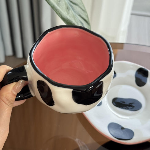 Aesthetic Cow Print Hand-Pinched Ceramic Mug & Saucer Set – Pink Interior