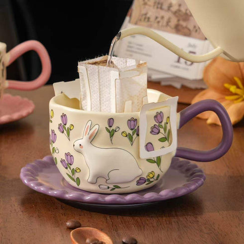 3D Embossed Rabbit & Floral Ceramic Coffee Mug with Scalloped Saucer Set