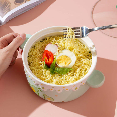 Kawaii Fruit Ceramic Ramen Bowl with Lid & Handles| 1000ml Soup & Noodle Pot