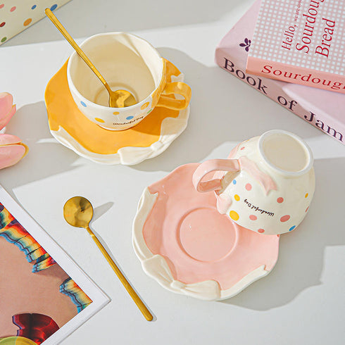 Luxury Pastel Polka Dot Tea Cup Set with Bow Handle – Ceramic Coffee Mug & Saucer Gift Box