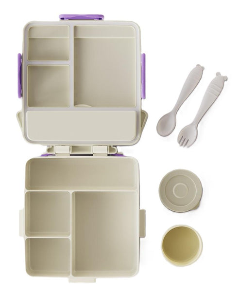 My House" Kids Bento Lunch Box – 4-Compartment Leakproof School Meal Prep Container with Sauce Cup & Utensils (Blue, Yellow, Purple)