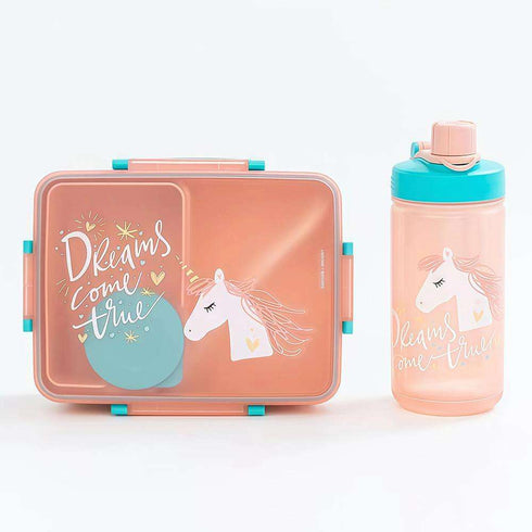 Kids Bento Lunch Box with Matching Water Bottle Set – 2-Compartment Leak-Proof School Tiffin with Spoon & Fork (Shark, Mermaid, Unicorn, T-Rex Designs)