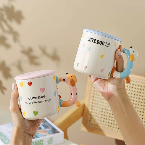 Cute 3D Puppy Ceramic Mug with Lid & 3D Animal Handle – Cartoon Dog Coffee Cup for Animal Lovers